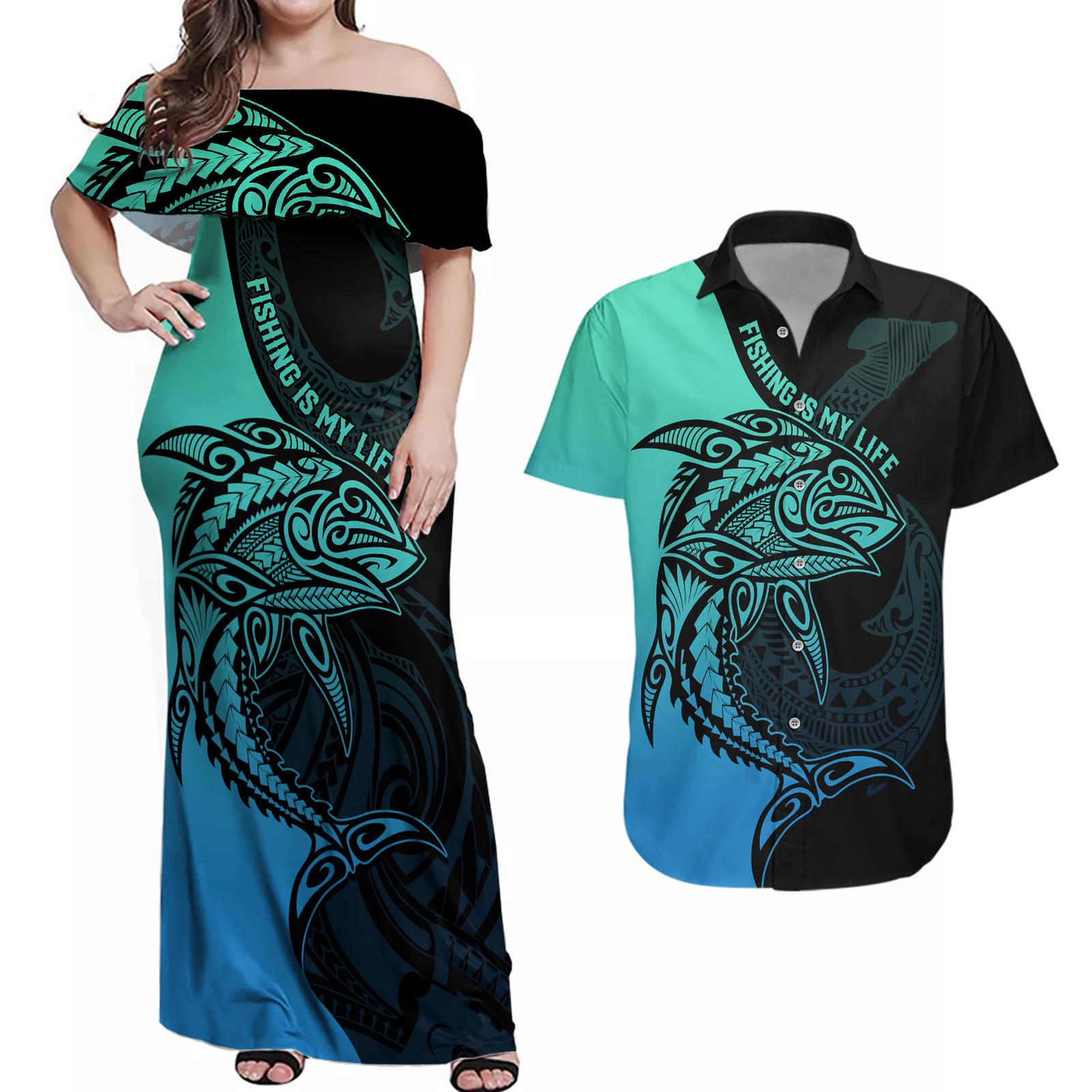 Personalised Polynesia Fishing Couples Matching Off Shoulder Maxi Dress and Hawaiian Shirt With Maori Hei Matau Fish Hook Turquoise Art LT9 Turquoise - Polynesian Pride