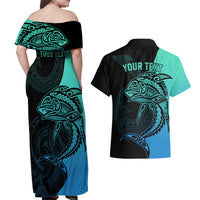 Personalised Polynesia Fishing Couples Matching Off Shoulder Maxi Dress and Hawaiian Shirt With Maori Hei Matau Fish Hook Turquoise Art LT9 - Polynesian Pride