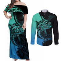 Personalised Polynesia Fishing Couples Matching Off Shoulder Maxi Dress and Long Sleeve Button Shirts With Maori Hei Matau Fish Hook Turquoise Art LT9 Turquoise - Polynesian Pride