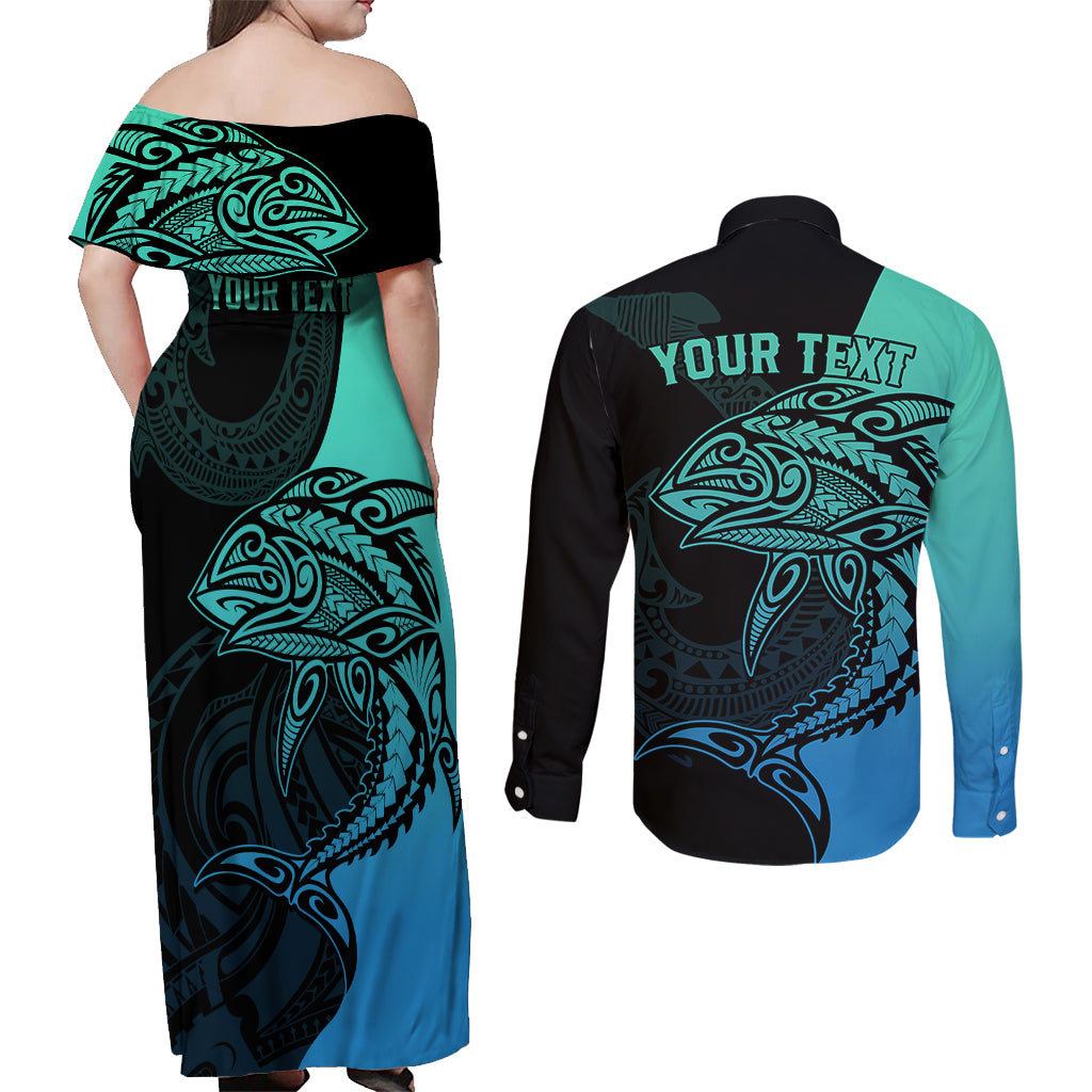 Personalised Polynesia Fishing Couples Matching Off Shoulder Maxi Dress and Long Sleeve Button Shirts With Maori Hei Matau Fish Hook Turquoise Art LT9 - Polynesian Pride