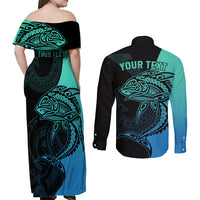Personalised Polynesia Fishing Couples Matching Off Shoulder Maxi Dress and Long Sleeve Button Shirts With Maori Hei Matau Fish Hook Turquoise Art LT9 - Polynesian Pride
