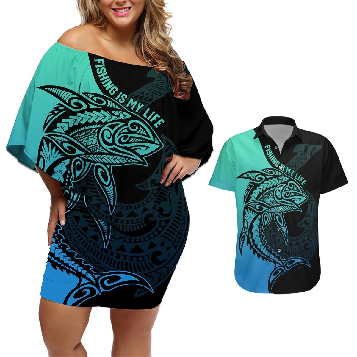 Personalised Polynesia Fishing Couples Matching Off Shoulder Short Dress and Hawaiian Shirt With Maori Hei Matau Fish Hook Turquoise Art LT9 Turquoise - Polynesian Pride