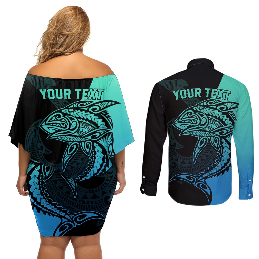 Personalised Polynesia Fishing Couples Matching Off Shoulder Short Dress and Long Sleeve Button Shirts With Maori Hei Matau Fish Hook Turquoise Art LT9 - Polynesian Pride