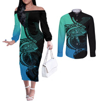 Personalised Polynesia Fishing Couples Matching Off The Shoulder Long Sleeve Dress and Long Sleeve Button Shirts With Maori Hei Matau Fish Hook Turquoise Art LT9 Turquoise - Polynesian Pride