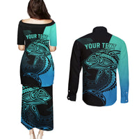 Personalised Polynesia Fishing Couples Matching Puletasi Dress and Long Sleeve Button Shirts With Maori Hei Matau Fish Hook Turquoise Art LT9 - Polynesian Pride