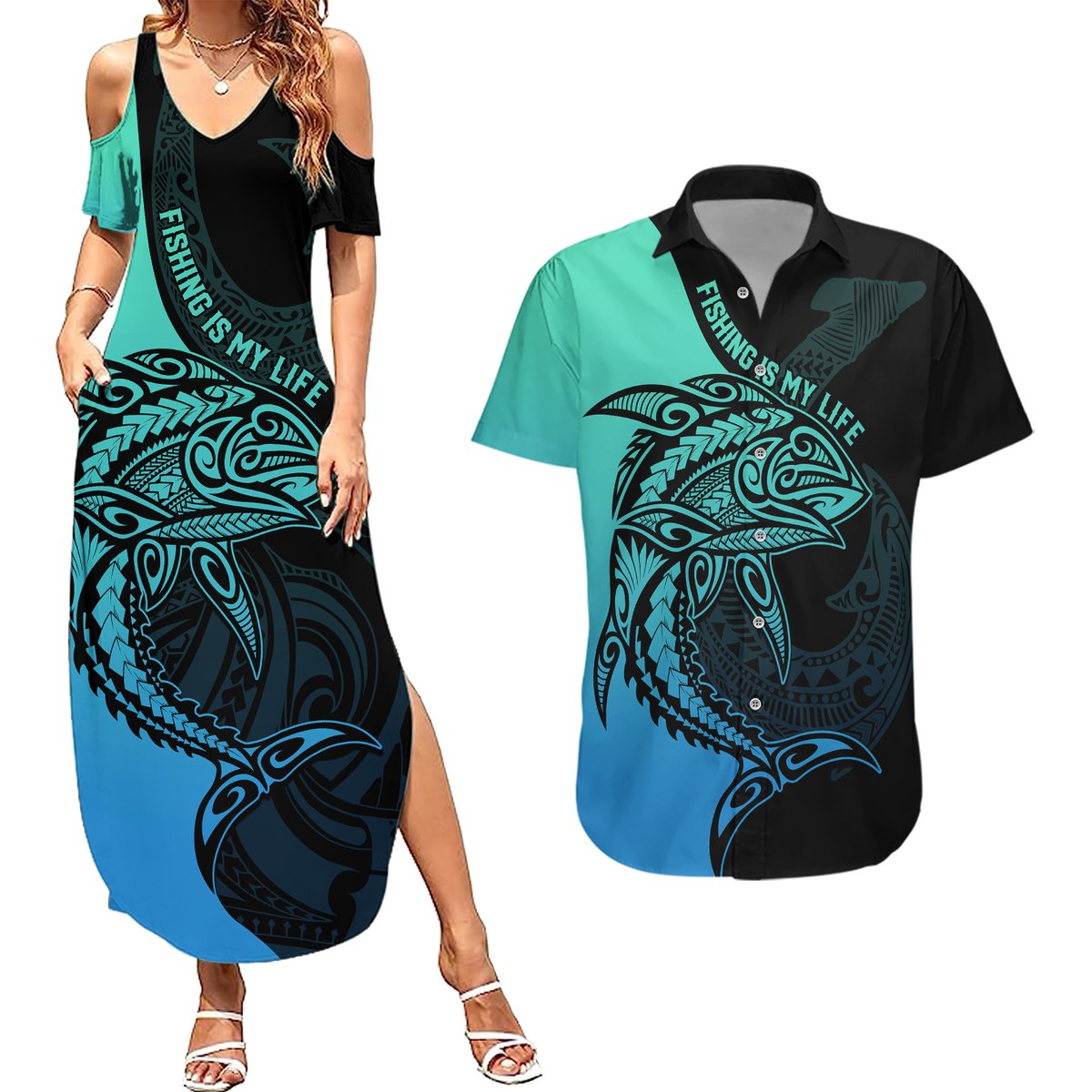 Personalised Polynesia Fishing Couples Matching Summer Maxi Dress and Hawaiian Shirt With Maori Hei Matau Fish Hook Turquoise Art LT9 Turquoise - Polynesian Pride
