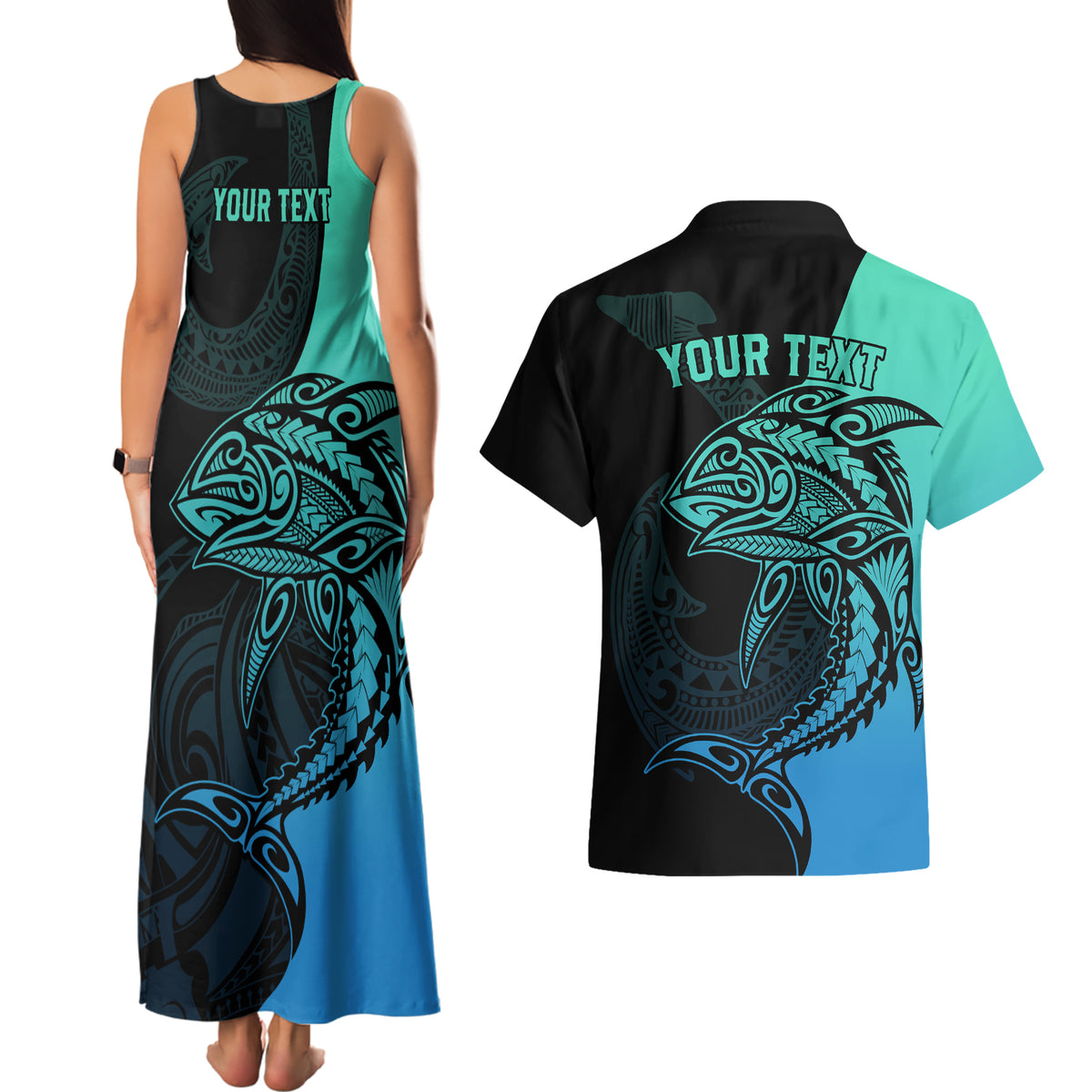 Personalised Polynesia Fishing Couples Matching Tank Maxi Dress and Hawaiian Shirt With Maori Hei Matau Fish Hook Turquoise Art LT9 - Polynesian Pride