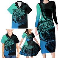 Personalised Polynesia Fishing Family Matching Long Sleeve Bodycon Dress and Hawaiian Shirt With Maori Hei Matau Fish Hook Turquoise Art LT9 - Polynesian Pride