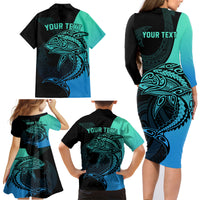 Personalised Polynesia Fishing Family Matching Long Sleeve Bodycon Dress and Hawaiian Shirt With Maori Hei Matau Fish Hook Turquoise Art LT9 - Polynesian Pride