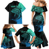 Personalised Polynesia Fishing Family Matching Mermaid Dress and Hawaiian Shirt With Maori Hei Matau Fish Hook Turquoise Art LT9 - Polynesian Pride