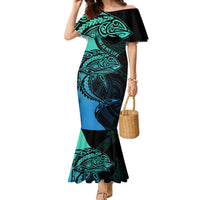 Personalised Polynesia Fishing Family Matching Mermaid Dress and Hawaiian Shirt With Maori Hei Matau Fish Hook Turquoise Art LT9 Mom's Dress Turquoise - Polynesian Pride