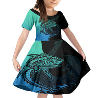 Personalised Polynesia Fishing Family Matching Off Shoulder Long Sleeve Dress and Hawaiian Shirt With Maori Hei Matau Fish Hook Turquoise Art LT9 Daughter's Dress Turquoise - Polynesian Pride