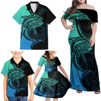 Personalised Polynesia Fishing Family Matching Off Shoulder Maxi Dress and Hawaiian Shirt With Maori Hei Matau Fish Hook Turquoise Art LT9 - Polynesian Pride