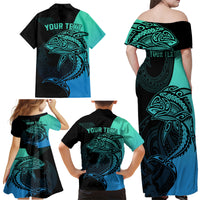 Personalised Polynesia Fishing Family Matching Off Shoulder Maxi Dress and Hawaiian Shirt With Maori Hei Matau Fish Hook Turquoise Art LT9 - Polynesian Pride