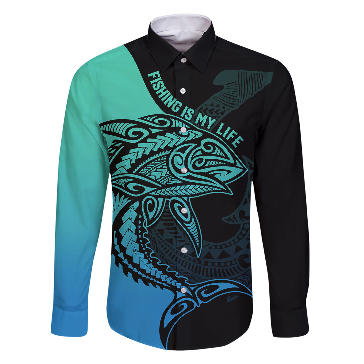 Personalised Polynesia Fishing Family Matching Off Shoulder Maxi Dress and Hawaiian Shirt With Maori Hei Matau Fish Hook Turquoise Art LT9 Dad's Shirt - Long Sleeve Turquoise - Polynesian Pride