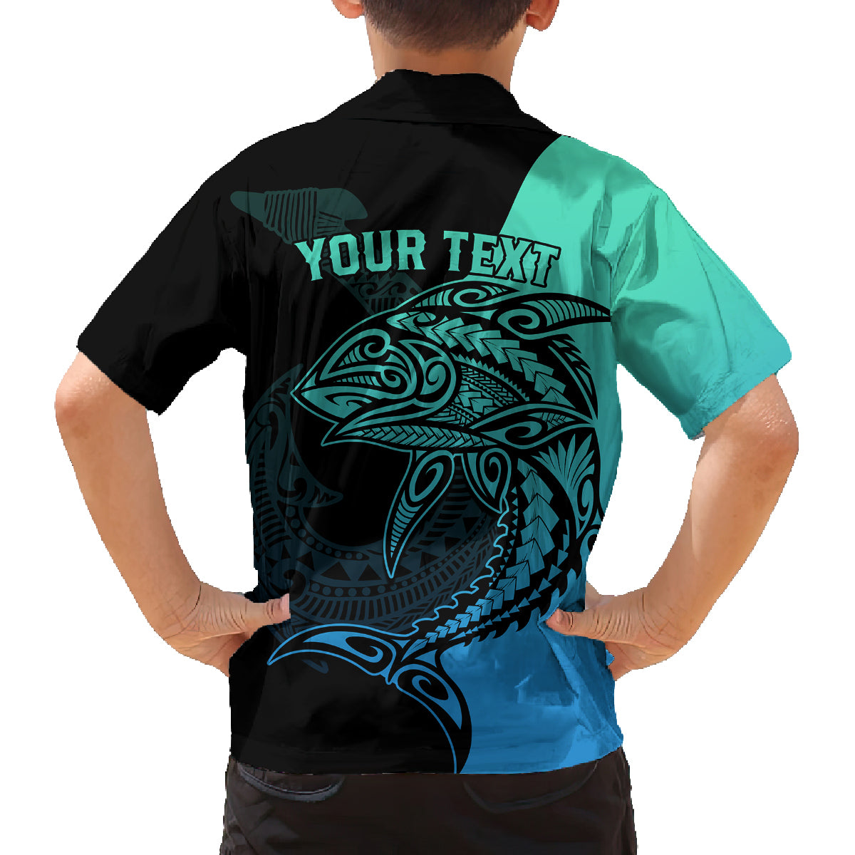 Personalised Polynesia Fishing Family Matching Off Shoulder Short Dress and Hawaiian Shirt With Maori Hei Matau Fish Hook Turquoise Art LT9 - Polynesian Pride