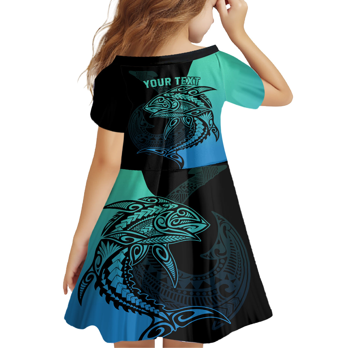 Personalised Polynesia Fishing Family Matching Off Shoulder Short Dress and Hawaiian Shirt With Maori Hei Matau Fish Hook Turquoise Art LT9 - Polynesian Pride