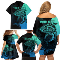 Personalised Polynesia Fishing Family Matching Off Shoulder Short Dress and Hawaiian Shirt With Maori Hei Matau Fish Hook Turquoise Art LT9 - Polynesian Pride