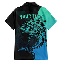 Personalised Polynesia Fishing Family Matching Off Shoulder Short Dress and Hawaiian Shirt With Maori Hei Matau Fish Hook Turquoise Art LT9 - Polynesian Pride