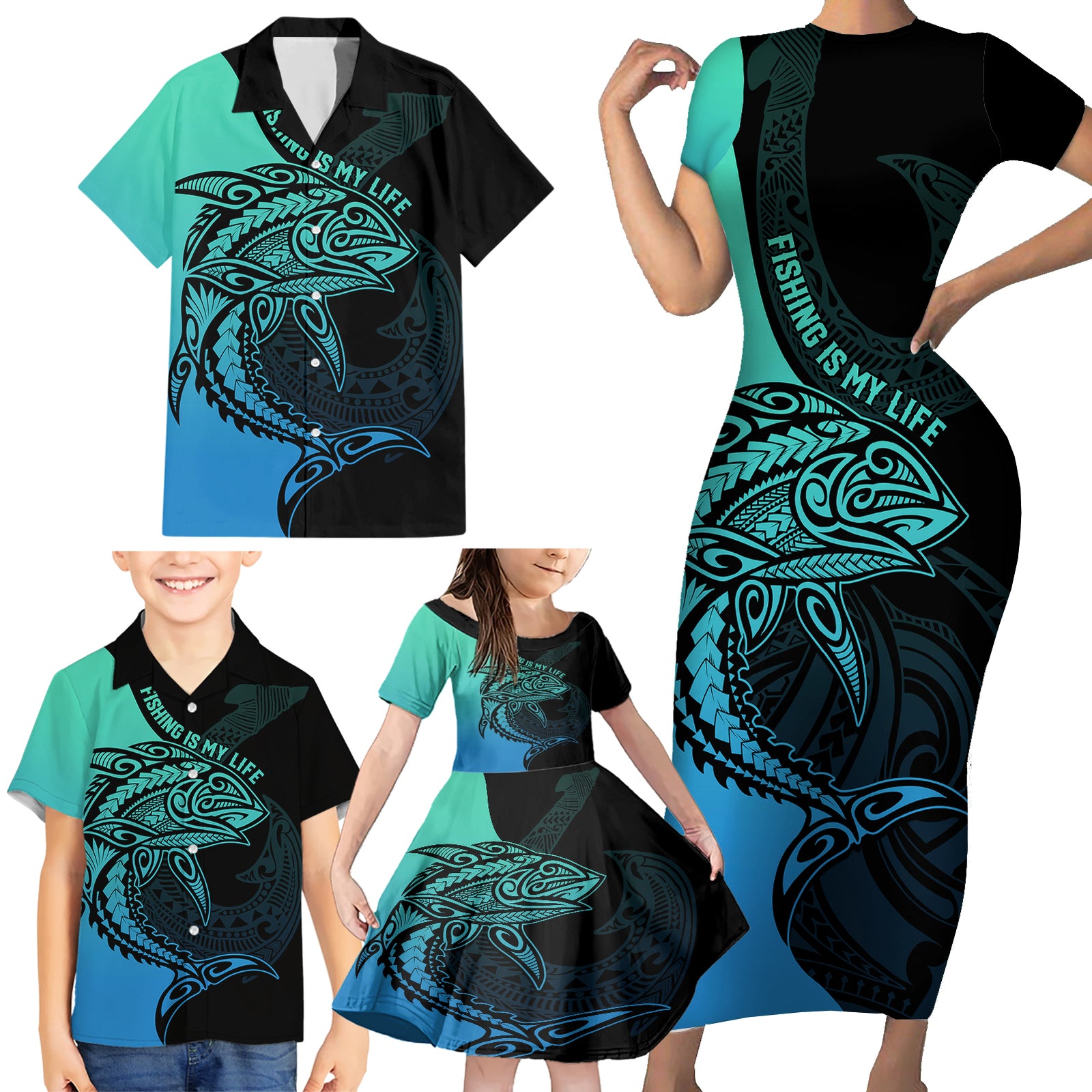 Personalised Polynesia Fishing Family Matching Short Sleeve Bodycon Dress and Hawaiian Shirt With Maori Hei Matau Fish Hook Turquoise Art LT9 - Polynesian Pride