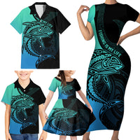 Personalised Polynesia Fishing Family Matching Short Sleeve Bodycon Dress and Hawaiian Shirt With Maori Hei Matau Fish Hook Turquoise Art LT9 - Polynesian Pride