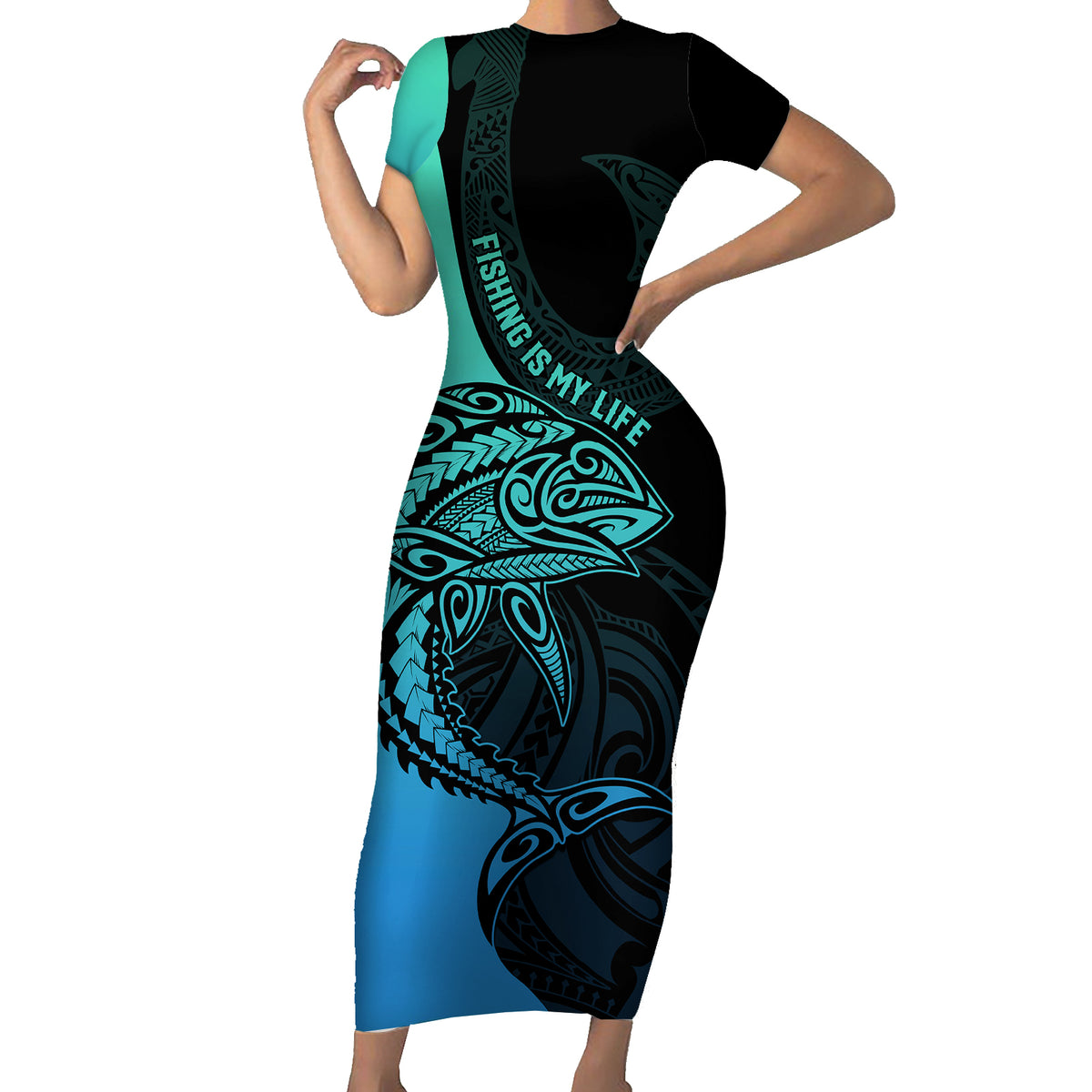 Personalised Polynesia Fishing Family Matching Short Sleeve Bodycon Dress and Hawaiian Shirt With Maori Hei Matau Fish Hook Turquoise Art LT9 Mom's Dress Turquoise - Polynesian Pride