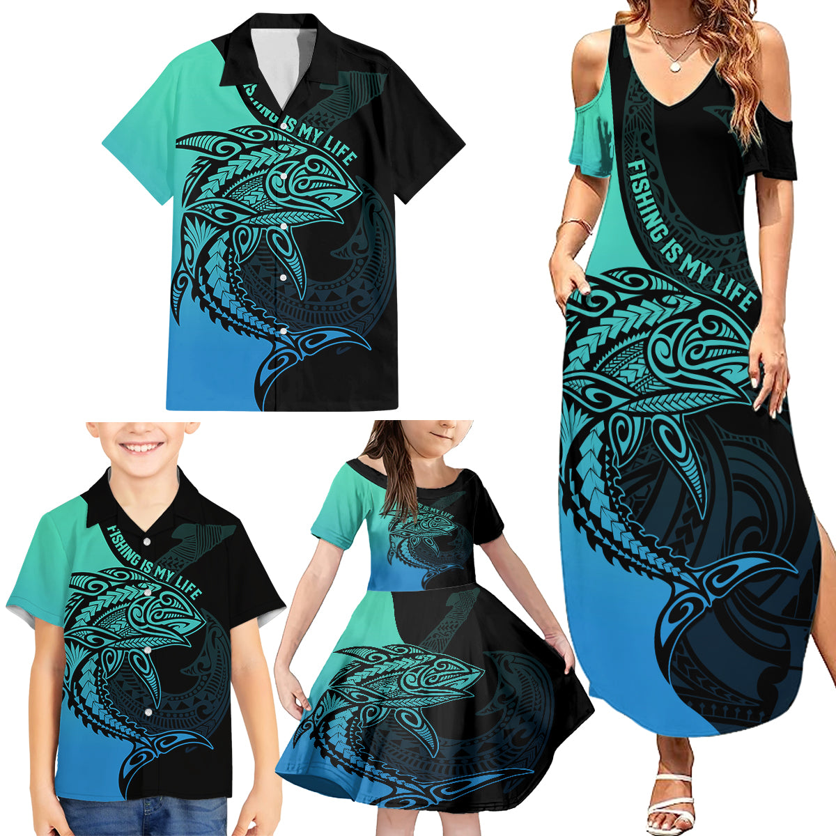 Personalised Polynesia Fishing Family Matching Summer Maxi Dress and Hawaiian Shirt With Maori Hei Matau Fish Hook Turquoise Art LT9 - Polynesian Pride