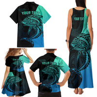 Personalised Polynesia Fishing Family Matching Tank Maxi Dress and Hawaiian Shirt With Maori Hei Matau Fish Hook Turquoise Art LT9 - Polynesian Pride
