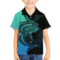 Personalised Polynesia Fishing Family Matching Tank Maxi Dress and Hawaiian Shirt With Maori Hei Matau Fish Hook Turquoise Art LT9 Son's Shirt Turquoise - Polynesian Pride