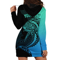 Personalised Polynesia Fishing Hoodie Dress With Maori Hei Matau Fish Hook Turquoise Art LT9 - Polynesian Pride