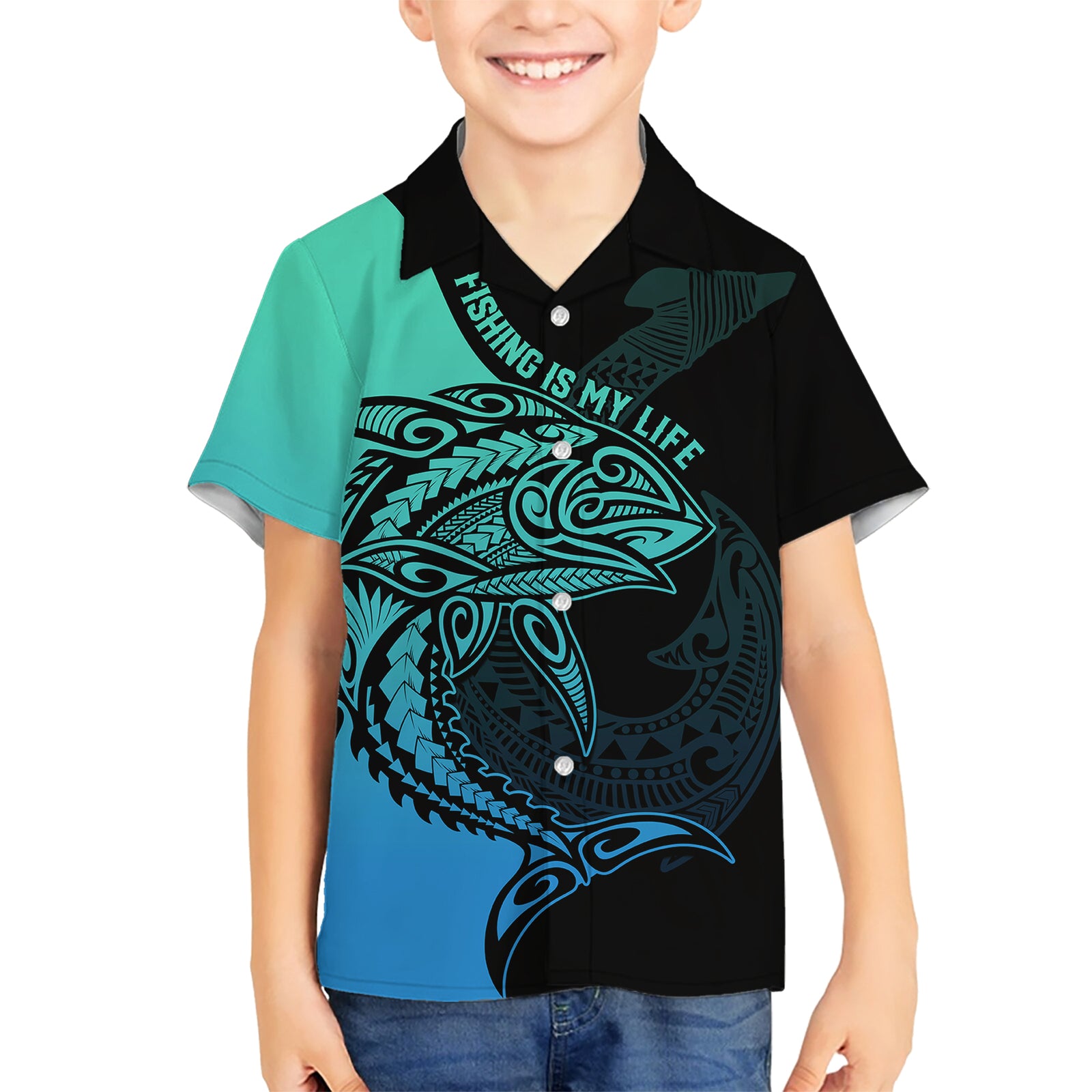 Personalised Polynesia Fishing Kid Hawaiian Shirt With Maori Hei Matau Fish Hook Turquoise Art LT9 Kid Turquoise - Polynesian Pride