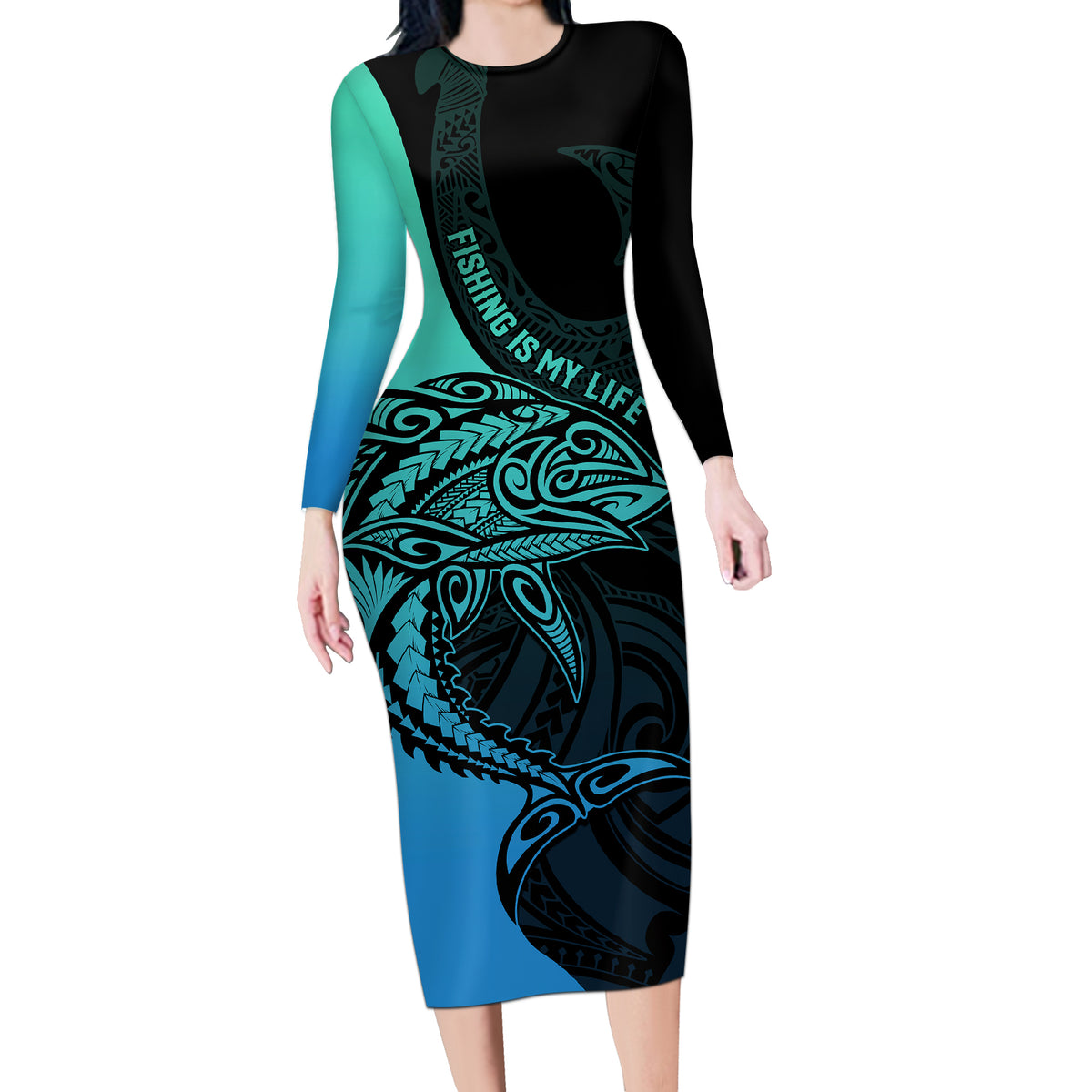 Personalised Polynesia Fishing Long Sleeve Bodycon Dress With Maori Hei Matau Fish Hook Turquoise Art LT9 Long Dress Turquoise - Polynesian Pride