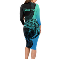 Personalised Polynesia Fishing Long Sleeve Bodycon Dress With Maori Hei Matau Fish Hook Turquoise Art LT9 - Polynesian Pride