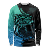 Personalised Polynesia Fishing Long Sleeve Shirt With Maori Hei Matau Fish Hook Turquoise Art LT9 Unisex Turquoise - Polynesian Pride