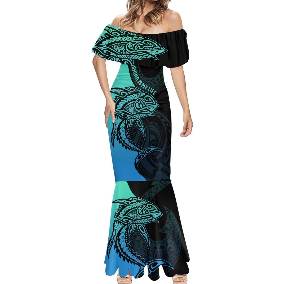 personalised-polynesia-fishing-mermaid-dress-with-maori-hei-matau-fish-hook-turquoise-art