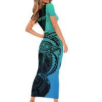 Personalised Polynesia Fishing Short Sleeve Bodycon Dress With Maori Hei Matau Fish Hook Turquoise Art LT9 - Polynesian Pride
