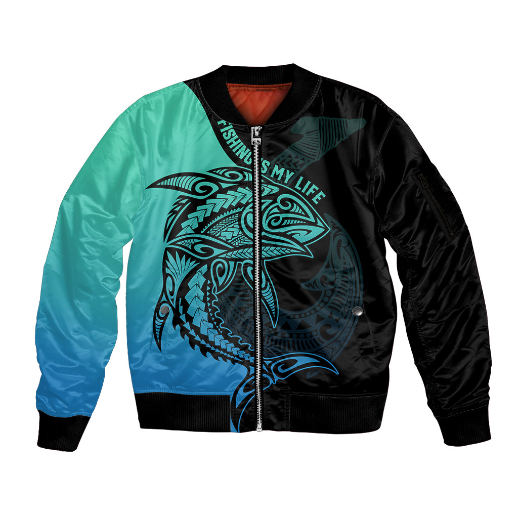 Personalised Polynesia Fishing Sleeve Zip Bomber Jacket With Maori Hei Matau Fish Hook Turquoise Art LT9 Unisex Turquoise - Polynesian Pride