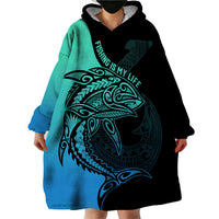 Personalised Polynesia Fishing Wearable Blanket Hoodie With Maori Hei Matau Fish Hook Turquoise Art LT9 - Polynesian Pride