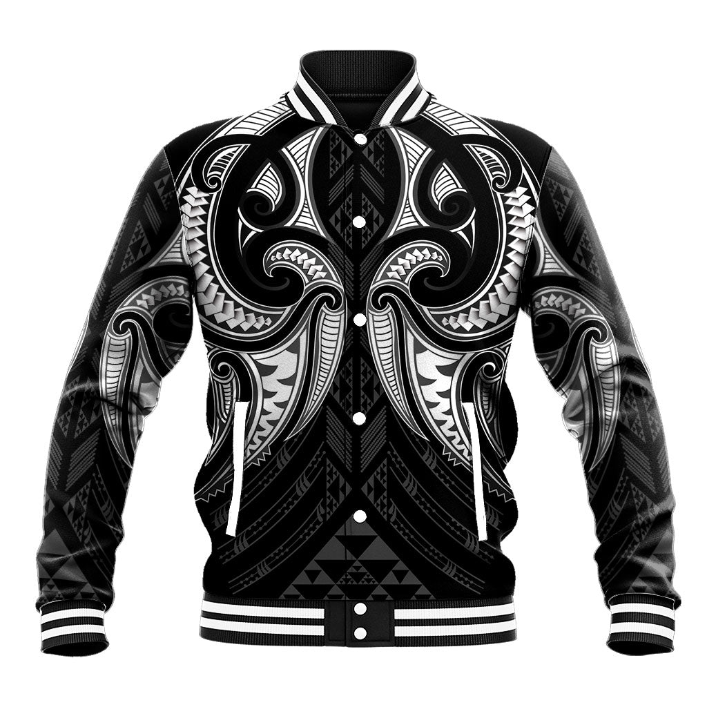 Maori Rugby Custom Ngaru Mangopare Baseball Jacket Black Whetu Niho Taniwha Motif LT9 Unisex Black - Polynesian Pride