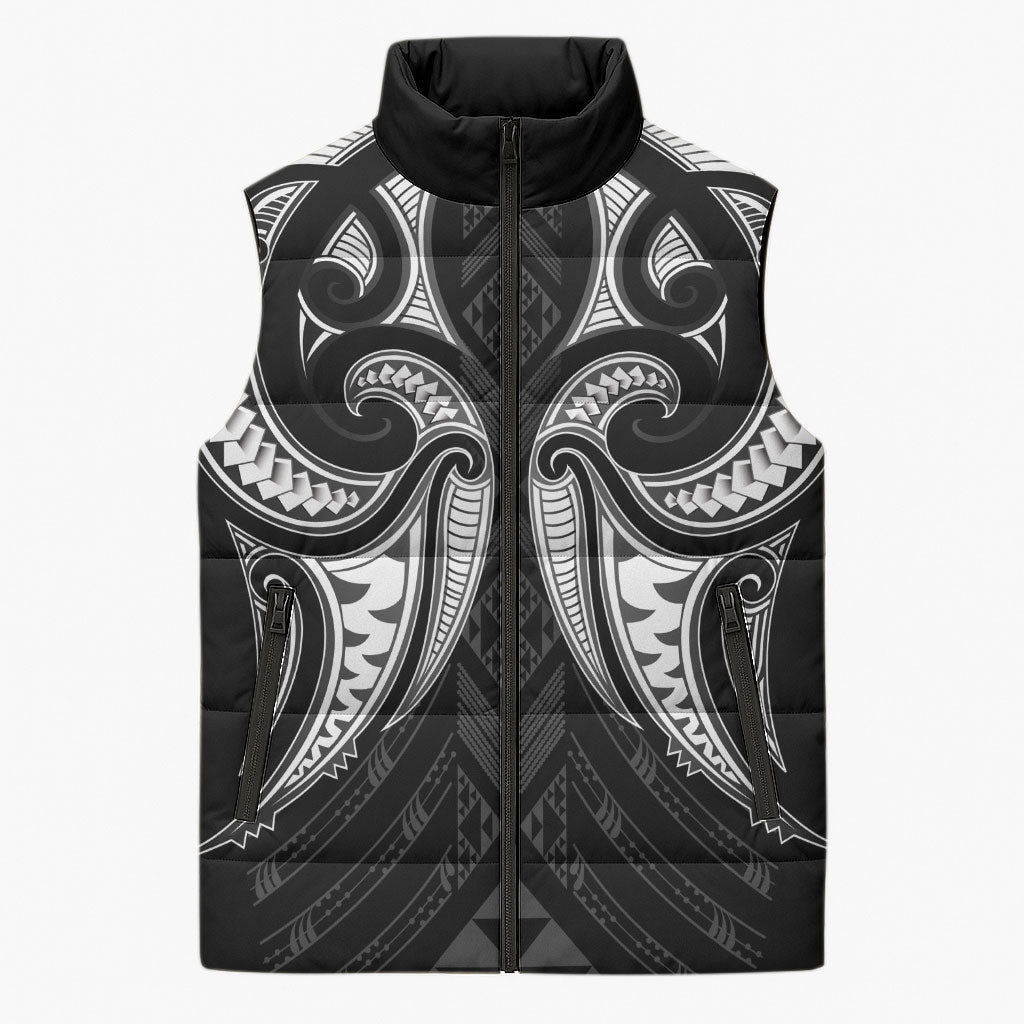 Maori Rugby Custom Ngaru Mangopare Sleeveless Puffer Jacket Black Whetu Niho Taniwha Motif LT9 Unisex Black - Polynesian Pride