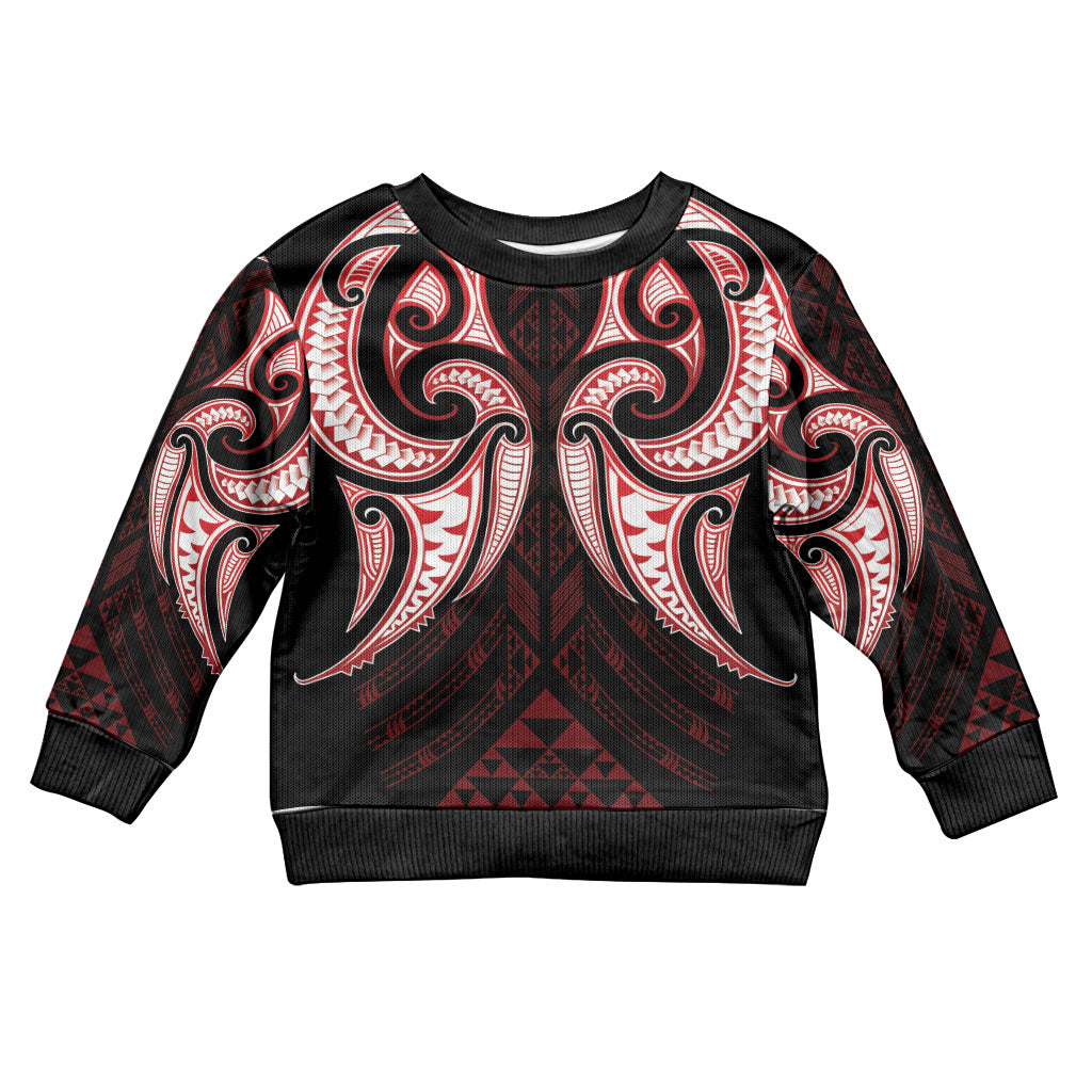 Maori Rugby Custom Ngaru Mangopare Kid Ugly Christmas Sweater Black Red Whetu Niho Taniwha Motif LT9 Kid Red - Polynesian Pride