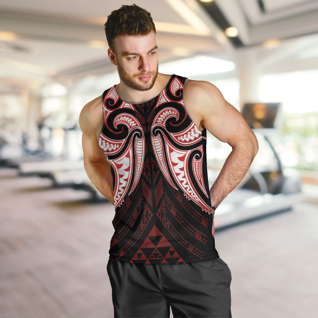 Maori Rugby Custom Ngaru Mangopare Men Tank Top Black Red Whetu Niho Taniwha Motif LT9 Red - Polynesian Pride