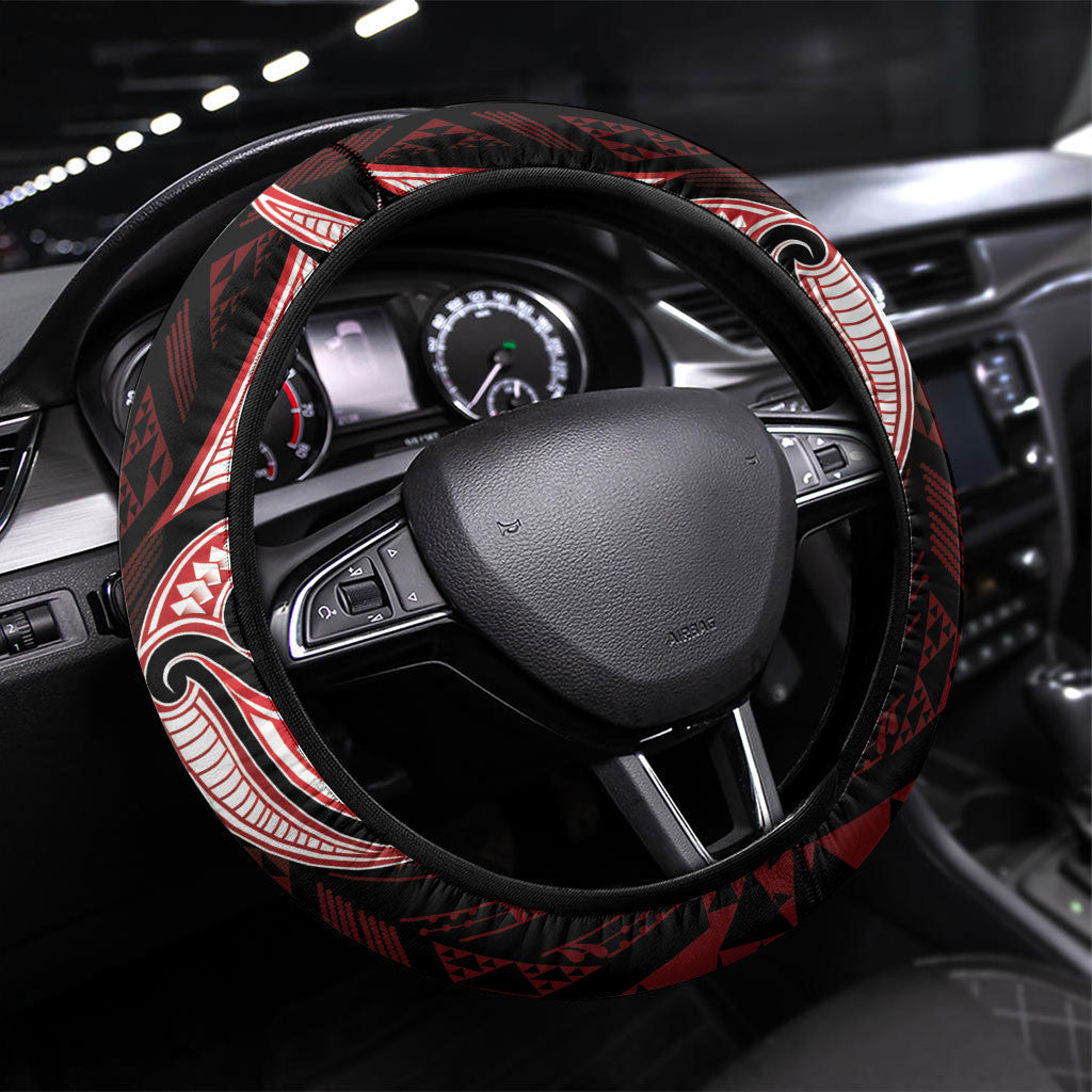 Maori Rugby Ngaru Mangopare Steering Wheel Cover Black Red Whetu Niho Taniwha Motif LT9 Universal Fit Red - Polynesian Pride
