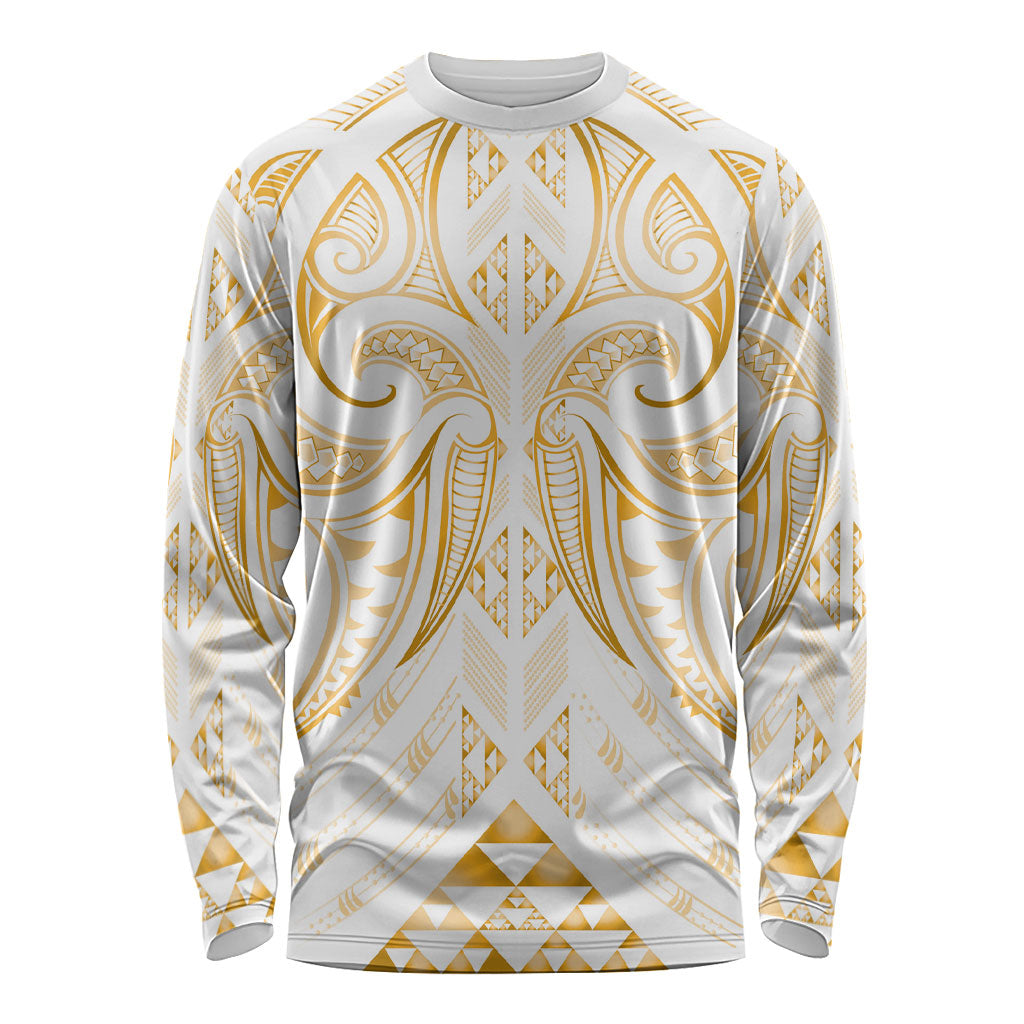 Maori Rugby Custom Ngaru Mangopare Long Sleeve Shirt Koura Niho Taniwha Motif LT9 Unisex Gold - Polynesian Pride