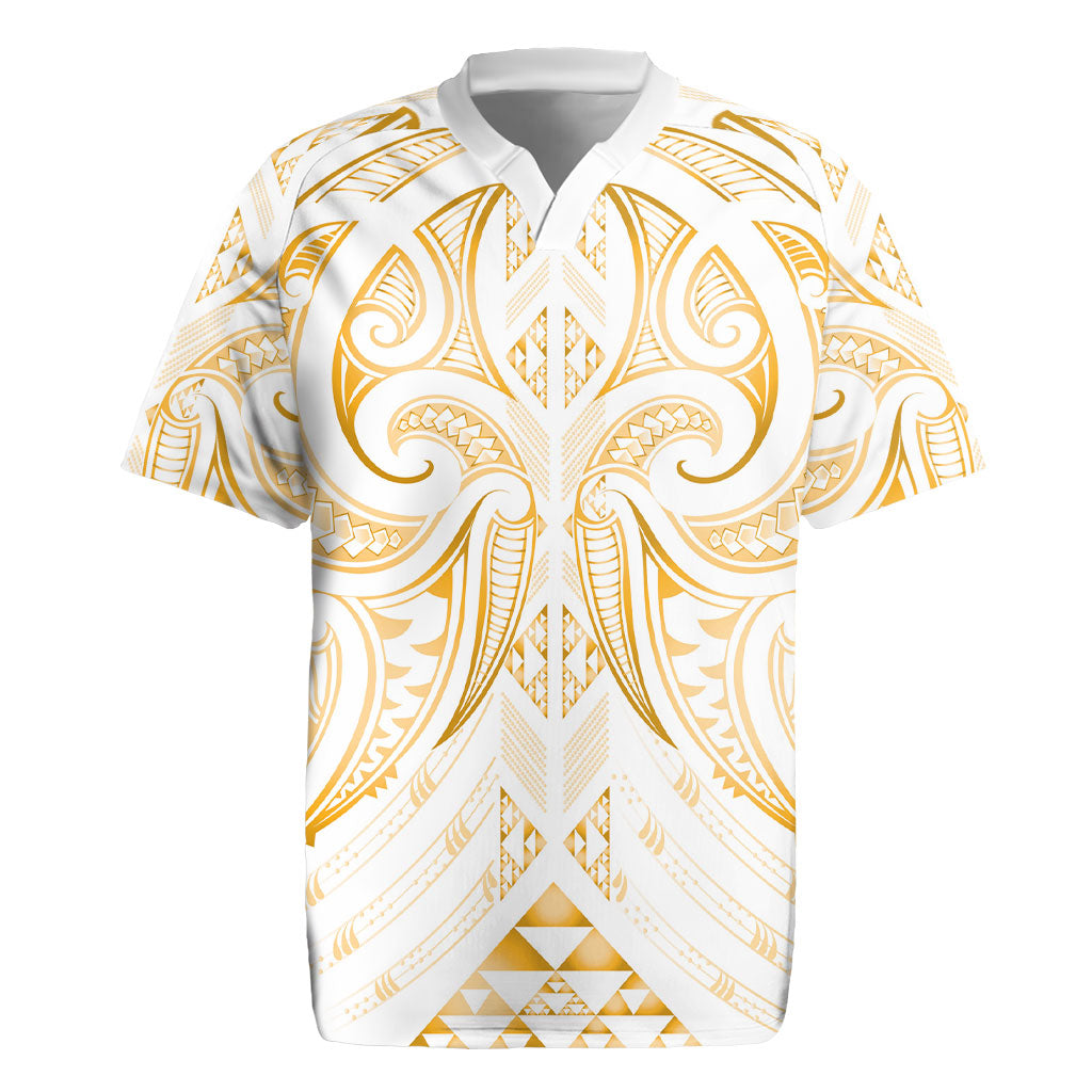 Maori Rugby Custom Ngaru Mangopare Rugby Jersey Koura Niho Taniwha Motif LT9 Gold - Polynesian Pride