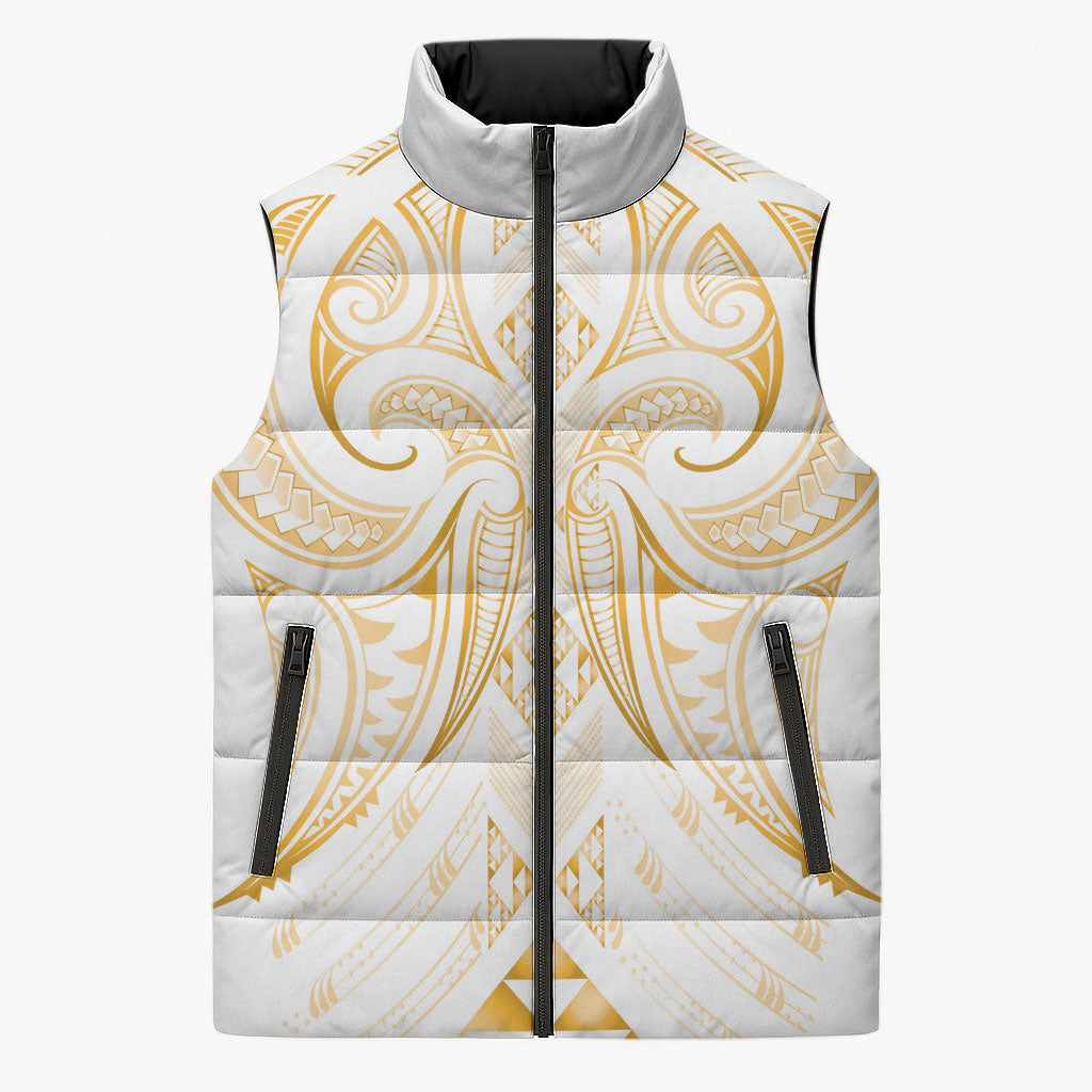 Maori Rugby Custom Ngaru Mangopare Sleeveless Puffer Jacket Koura Niho Taniwha Motif LT9 Unisex Gold - Polynesian Pride