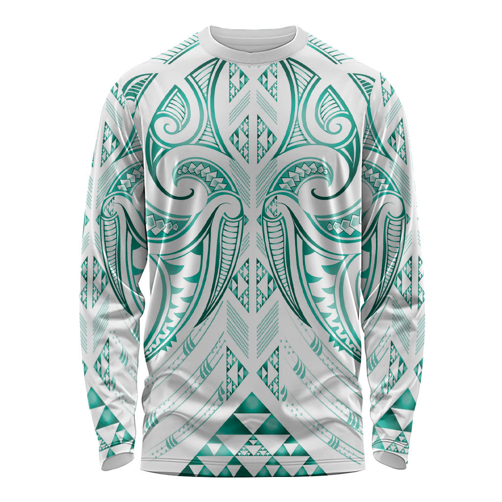 Maori Rugby Custom Ngaru Mangopare Long Sleeve Shirt Karikiorangi Taniwha Motif LT9 Unisex Turquoise - Polynesian Pride