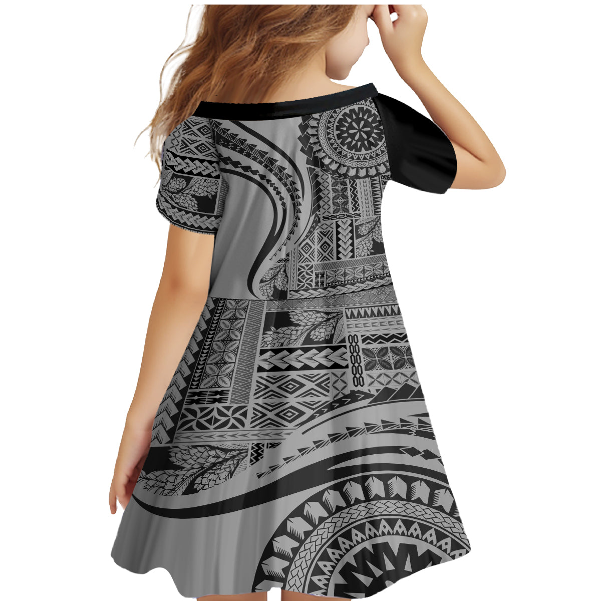 Samoa Siapo Arty Family Matching Mermaid Dress and Hawaiian Shirt Black Style LT9 - Polynesian Pride