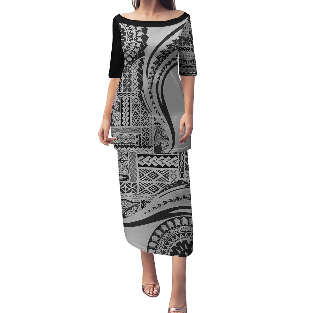 Samoa Siapo Arty Family Matching Puletasi Dress and Hawaiian Shirt Black Style LT9 Mom's Dress Black - Polynesian Pride