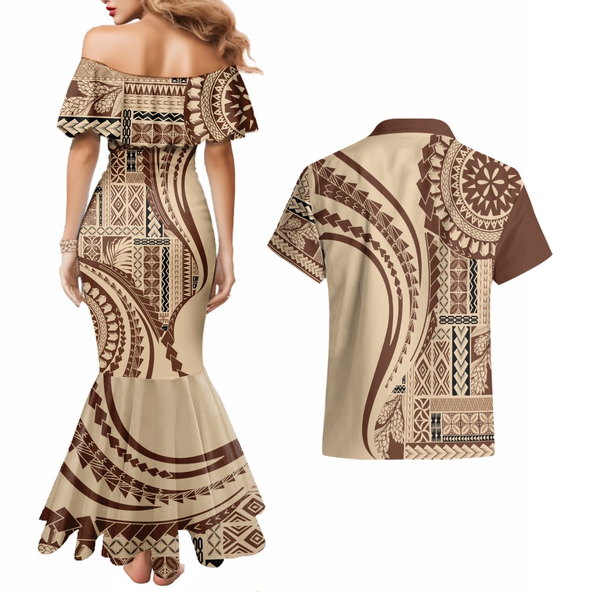 Samoa Siapo Arty Couples Matching Mermaid Dress and Hawaiian Shirt Brown Style LT9 - Polynesian Pride